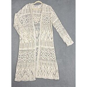 Paparazzi Johnny Cream Scalloped Crochet Long Cardigan w Hood Size M Boho Beachy